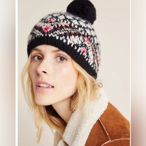 Anthropologie French Knot Embroidered Beanie with Pom Pom